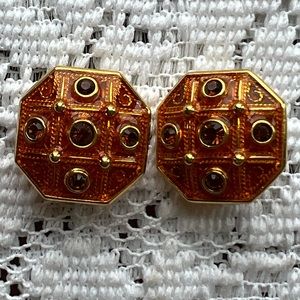 Joan Rivers vintage enamel & crystals clip on gold tone earrings